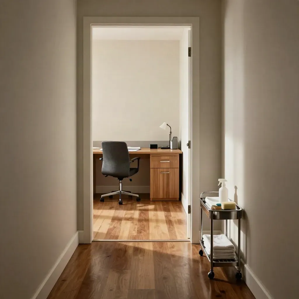 Immaculate office nook with polished floor, sanitized chairs, and a restroom caddy by the hall.
