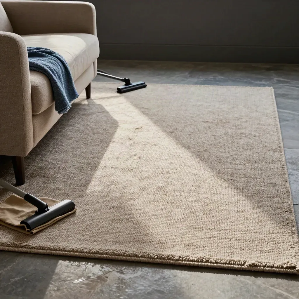 Drying carpet and upholstery care on a sofa corner with lifted rug fibers and tools