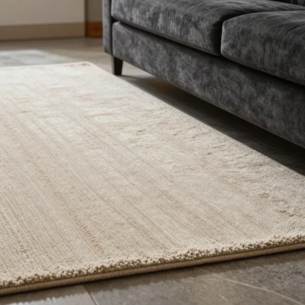 Pale rug fibers revived beside a charcoal sofa arm, close low angle with fresh damp sheen.