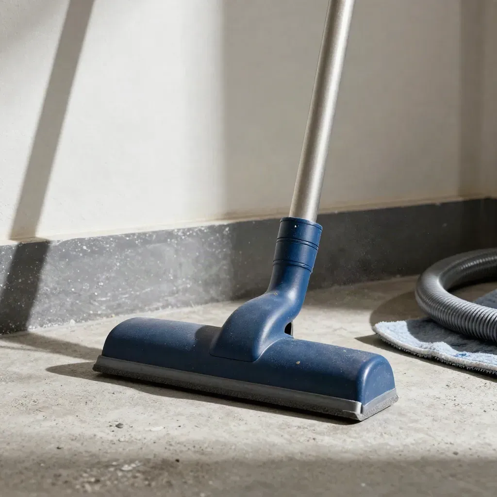 Vacuum hose cuff, squeegee, and pole junction in a dim workshop corner