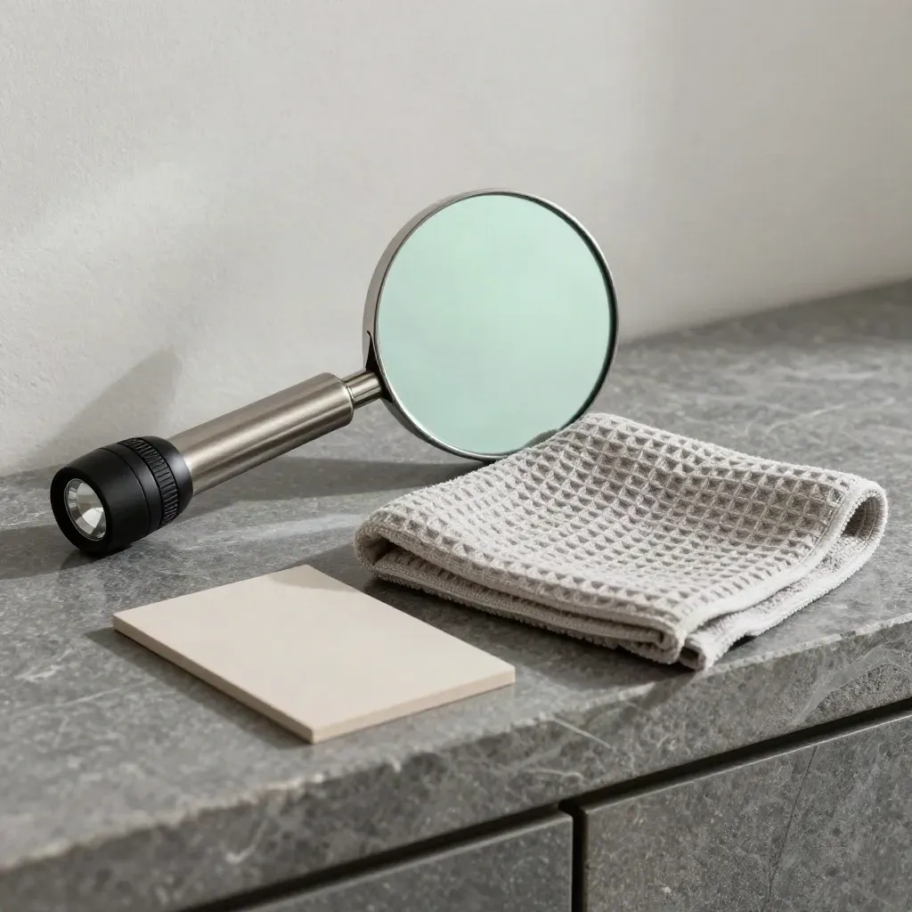 Inspection mirror, flashlight, cloth, and baseboard sample on a stone ledge.