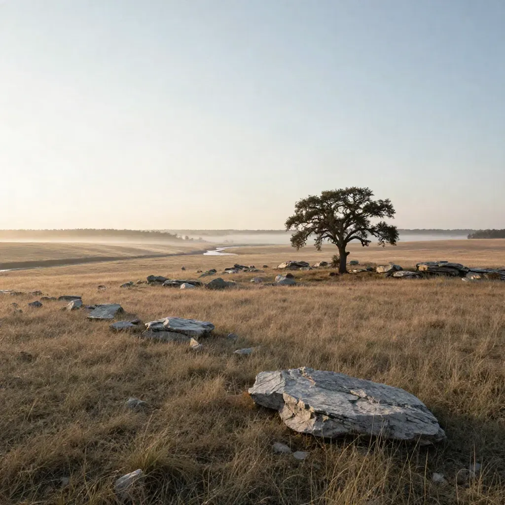 Rolling Georgetown prairie at dawn with a lone oak, limestone outcrops, and misty creek line.